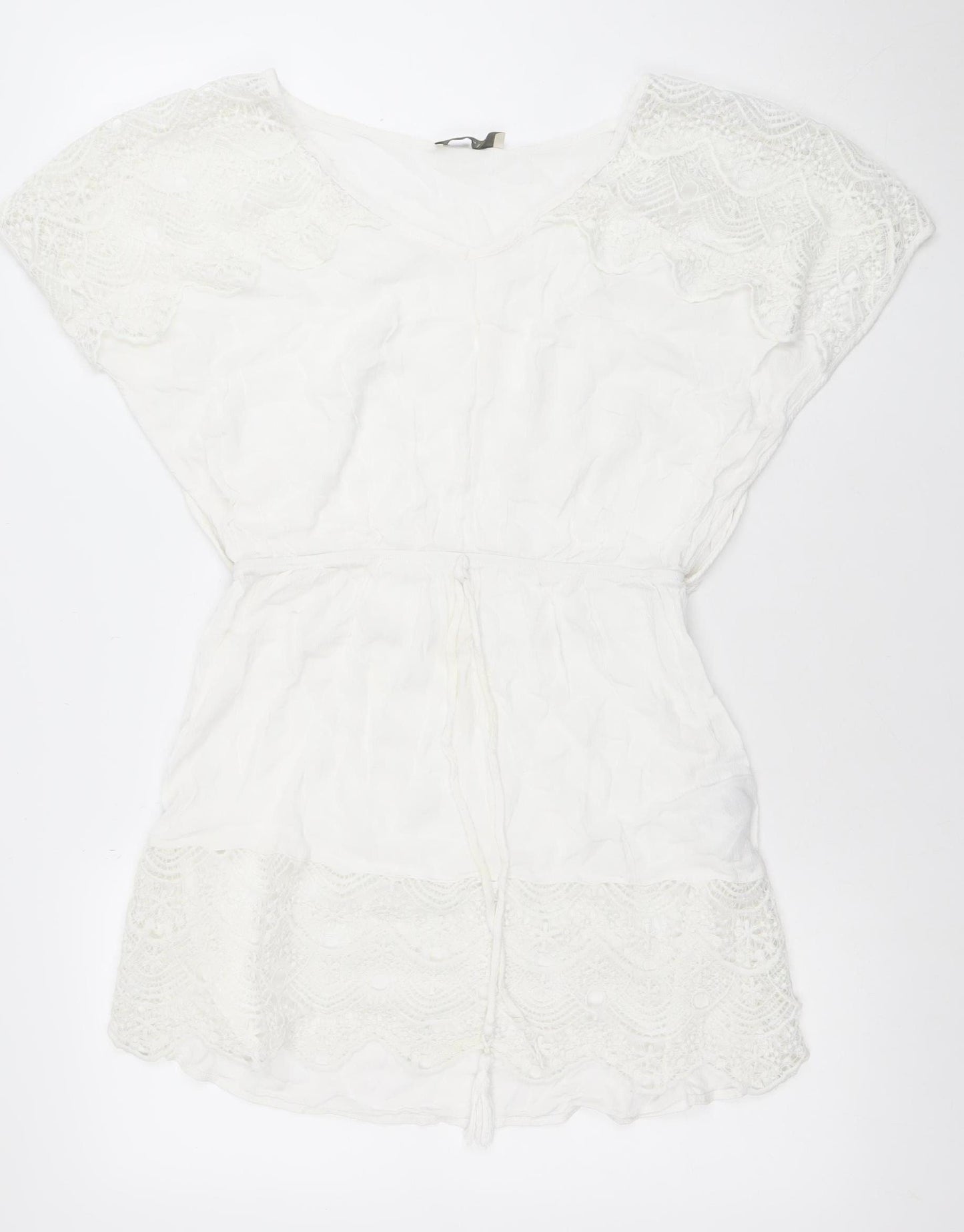 Oasis Women White Short Lace Shift Dress M V-Neck Boho Summer