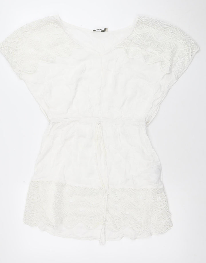 Oasis Women White Short Lace Shift Dress M V-Neck Boho Summer