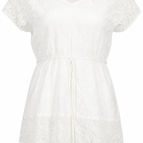Oasis Women White Short Lace Shift Dress M V-Neck Boho Summer