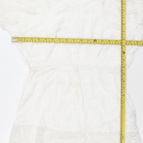 Oasis Women White Short Lace Shift Dress M V-Neck Boho Summer