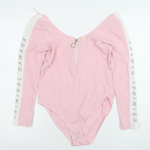 Criminal Damage Women’s Pink Long Sleeve Bodysuit L Zip Front Logo