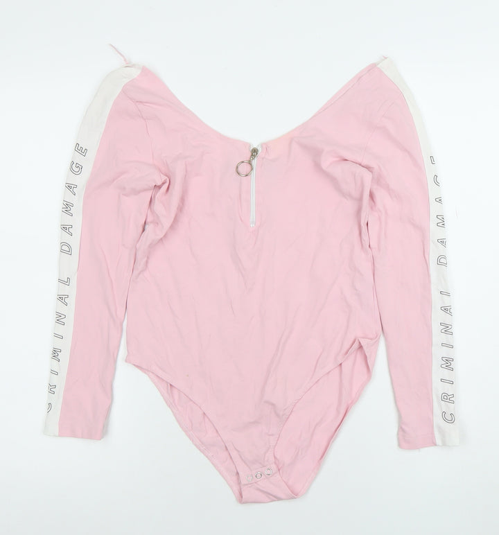 Criminal Damage Women’s Pink Long Sleeve Bodysuit L Zip Front Logo