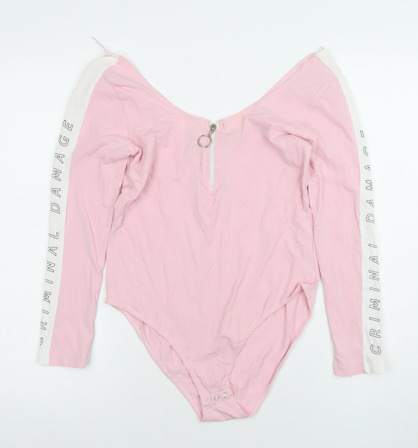 Criminal Damage Women’s Pink Long Sleeve Bodysuit L Zip Front Logo