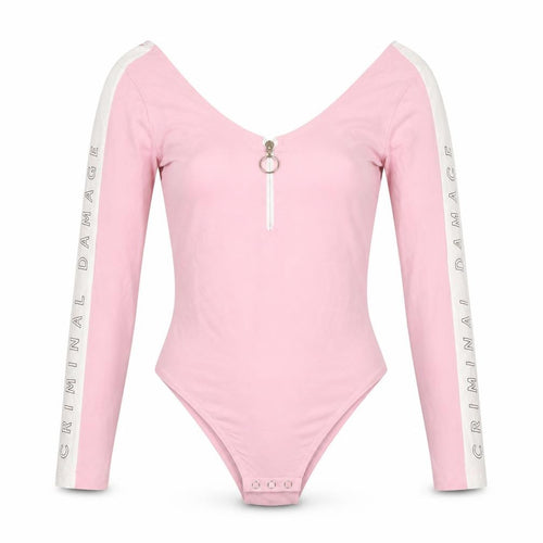 Criminal Damage Women’s Pink Long Sleeve Bodysuit L Zip Front Logo