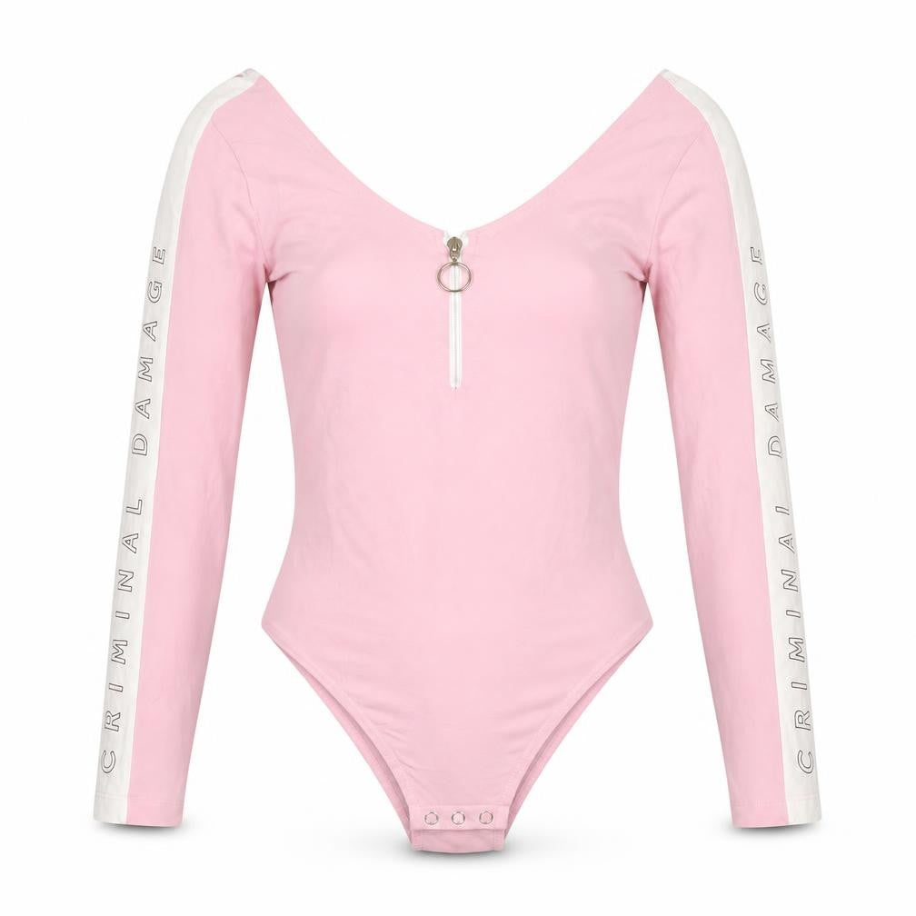 Criminal Damage Women’s Pink Long Sleeve Bodysuit L Zip Front Logo