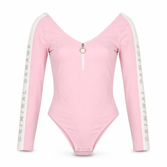 Front view of Criminal Damage Women’s Pink Long Sleeve Bodysuit L Zip Front Logo