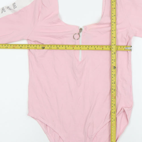 Criminal Damage Women’s Pink Long Sleeve Bodysuit L Zip Front Logo