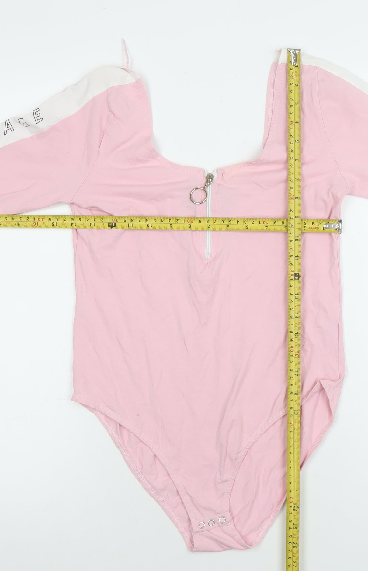 Criminal Damage Women’s Pink Long Sleeve Bodysuit L Zip Front Logo