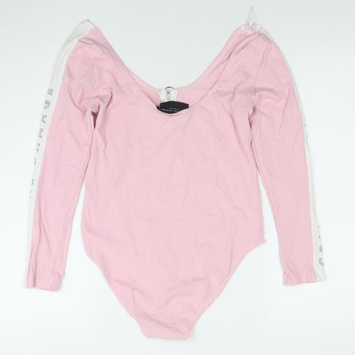 Criminal Damage Women’s Pink Long Sleeve Bodysuit L Zip Front Logo