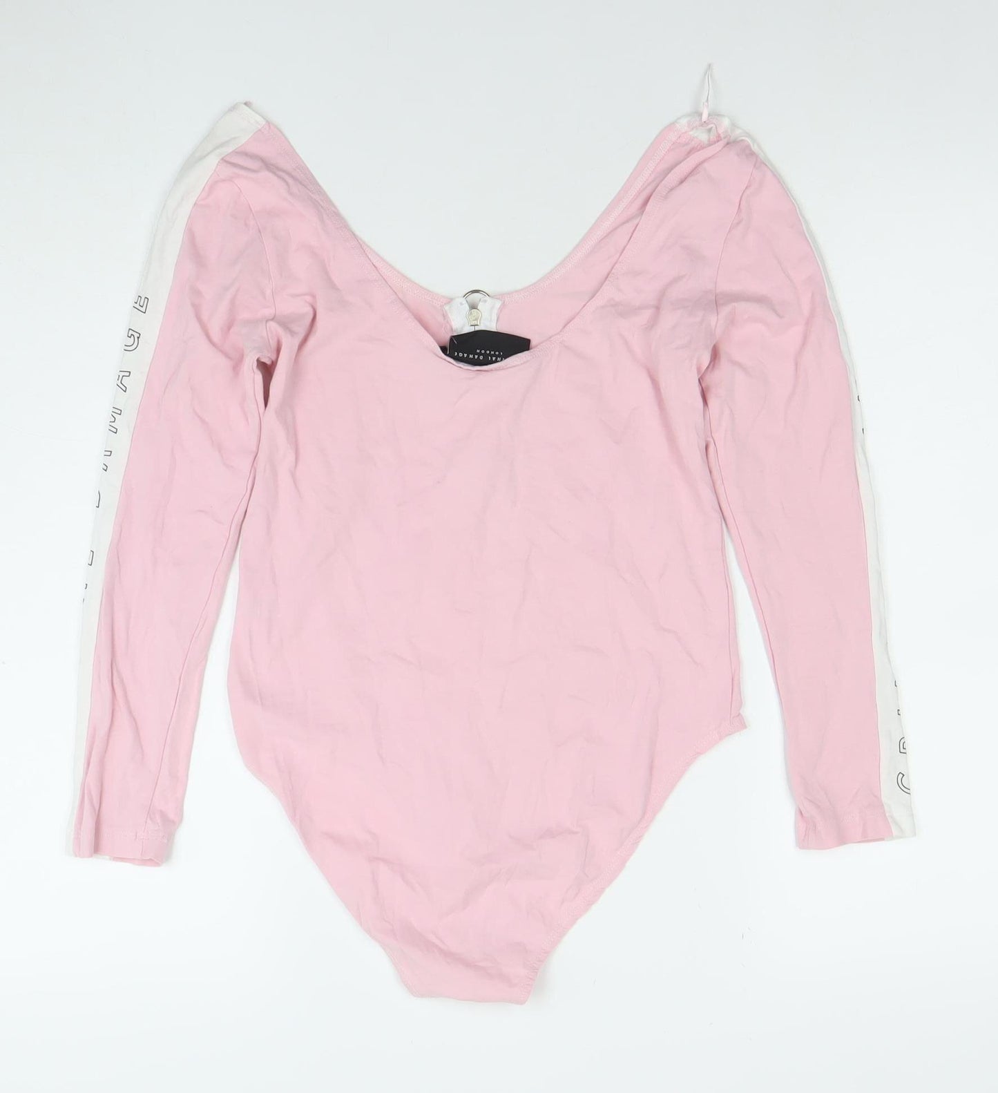 Criminal Damage Women’s Pink Long Sleeve Bodysuit L Zip Front Logo