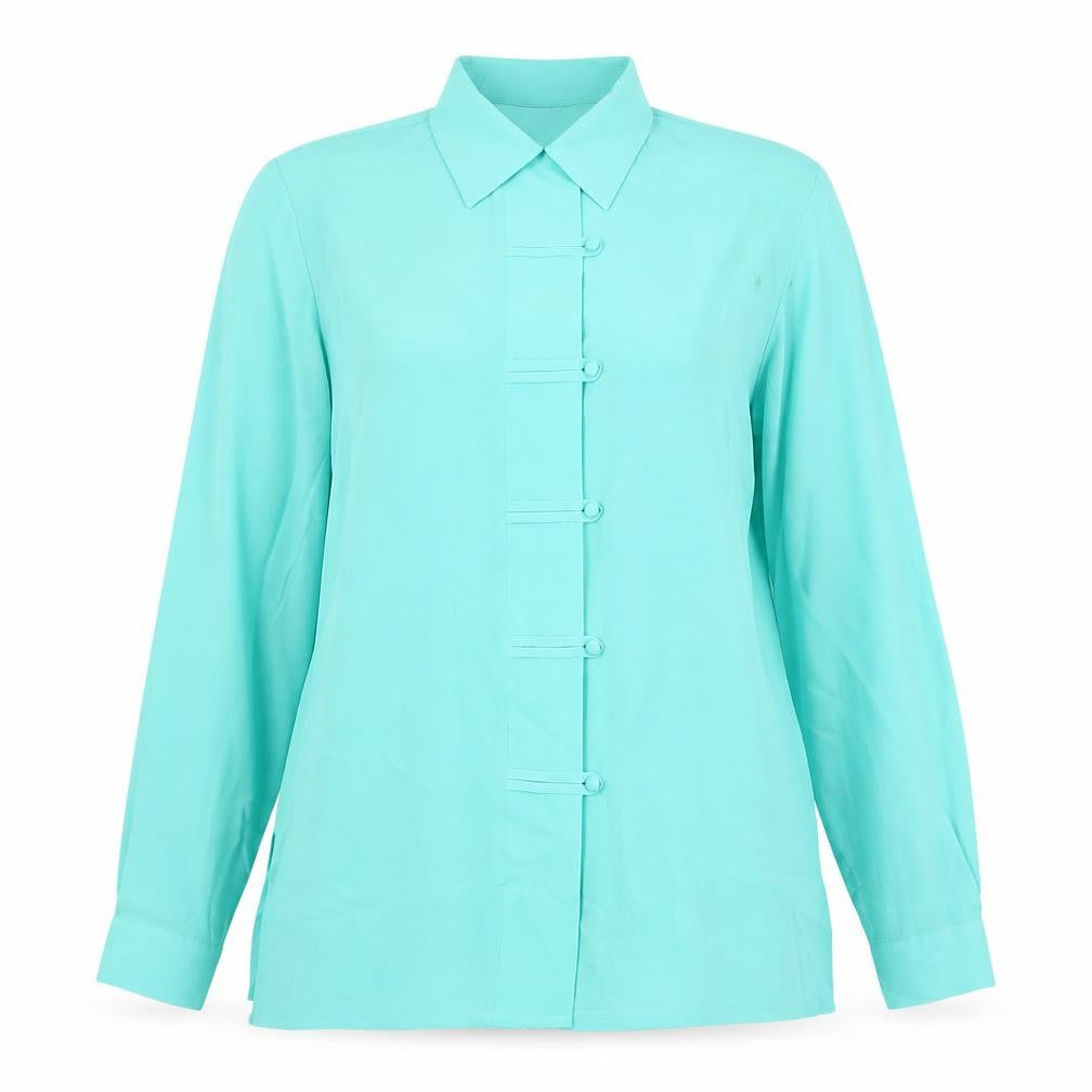 Front view of Soon Women's Green, size 12, Collared Long Sleeve Polyester Blouse