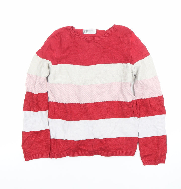 H&M Girls Red Pink White Striped Pullover Jumper UK 6-8Y Cotton Blend