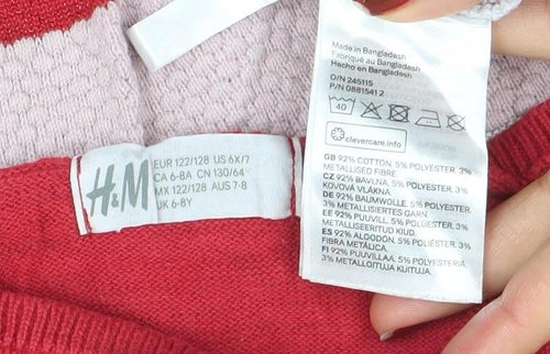 H&M Girls Red Pink White Striped Pullover Jumper UK 6-8Y Cotton Blend