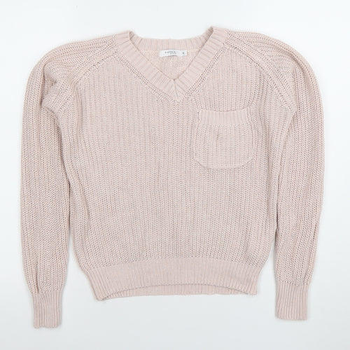 Tiffosi Women Pink V-Neck Chunky Knit Acrylic Cotton Jumper Size S