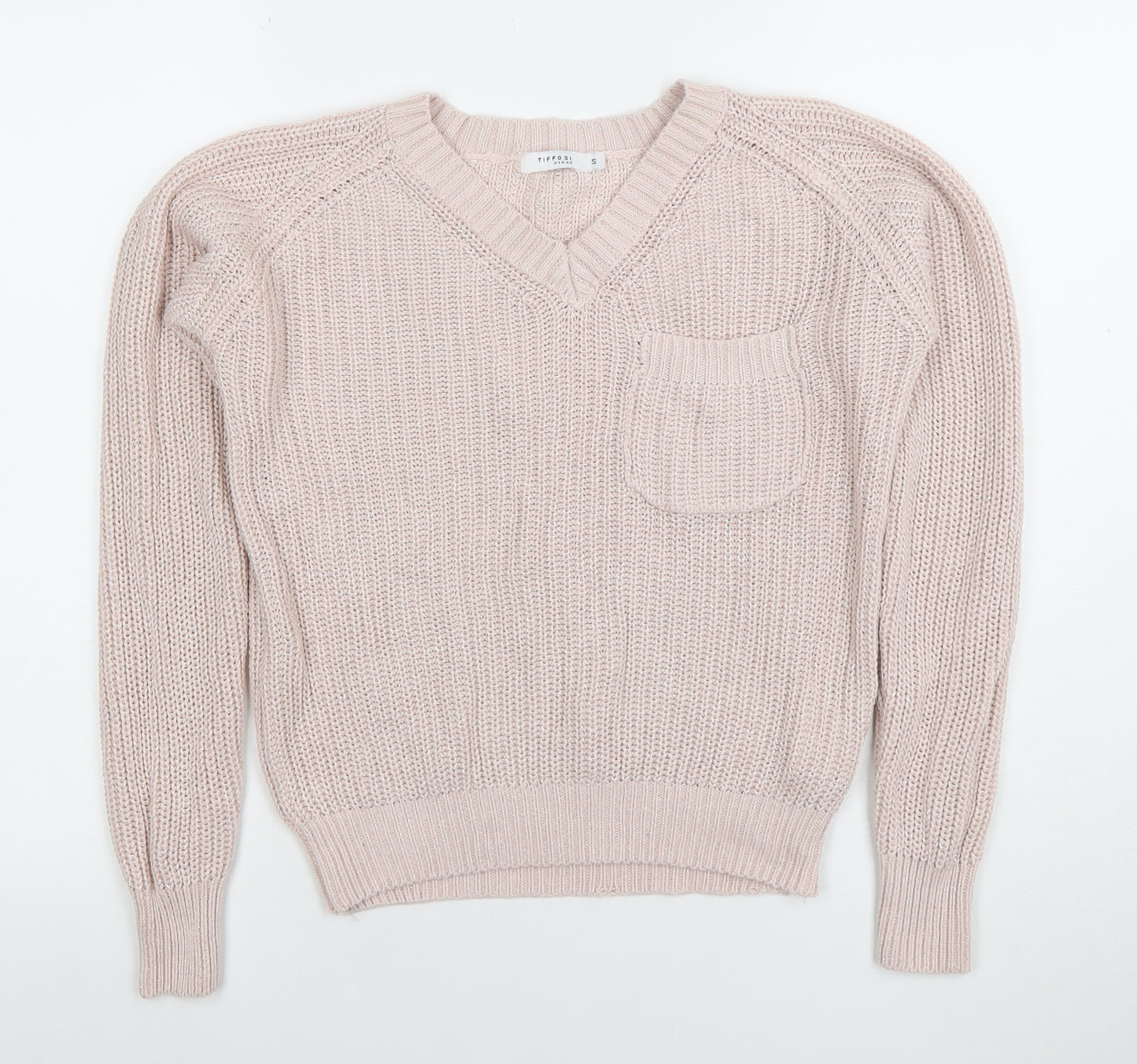 Tiffosi Women Pink V-Neck Chunky Knit Acrylic Cotton Jumper Size S