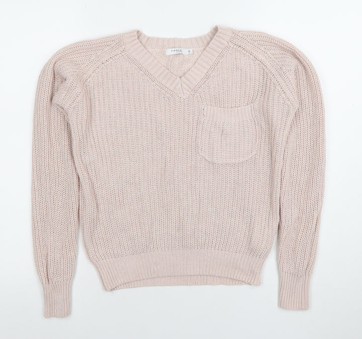 Tiffosi Women Pink V-Neck Chunky Knit Acrylic Cotton Jumper Size S