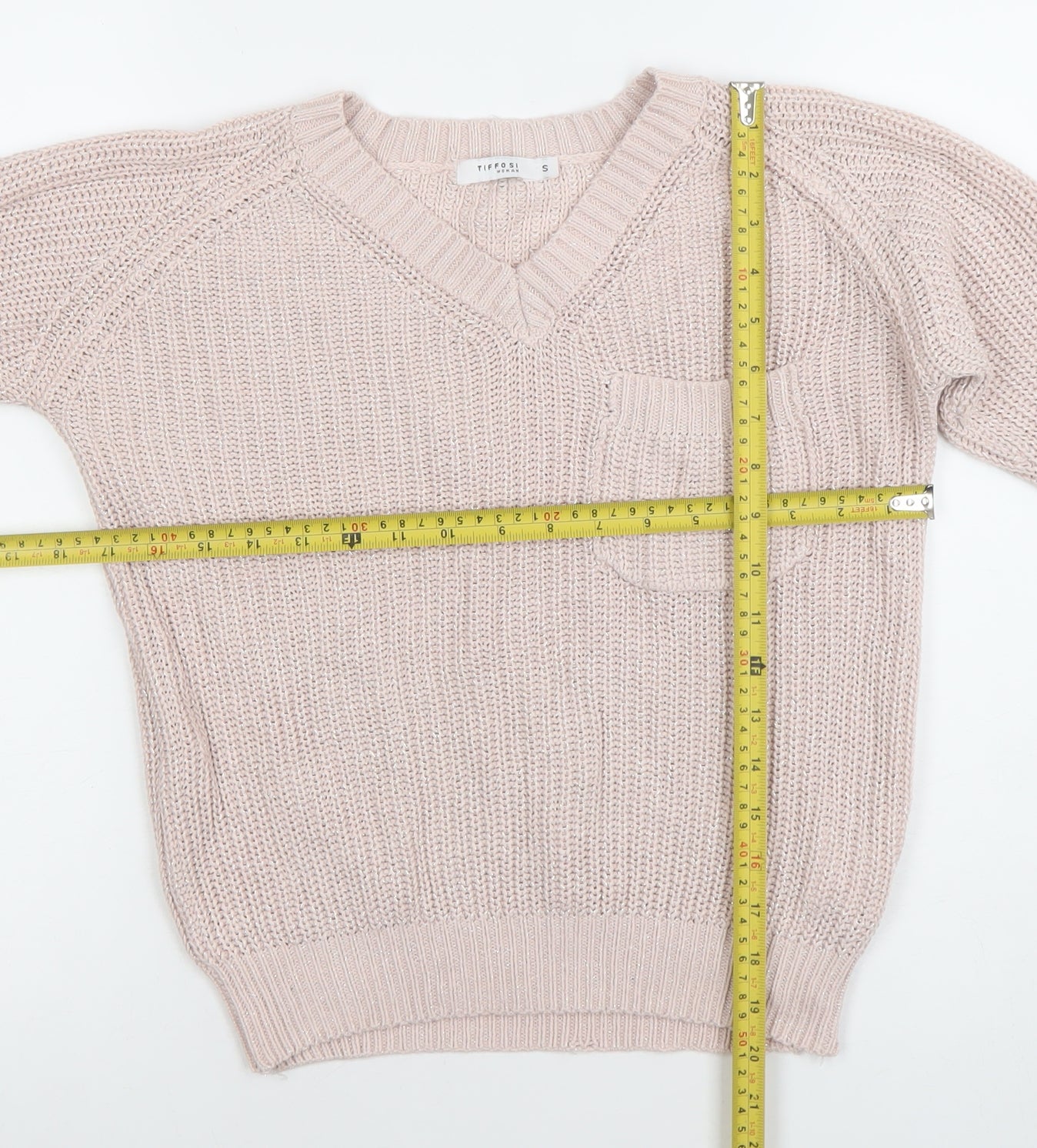 Tiffosi Women Pink V-Neck Chunky Knit Acrylic Cotton Jumper Size S