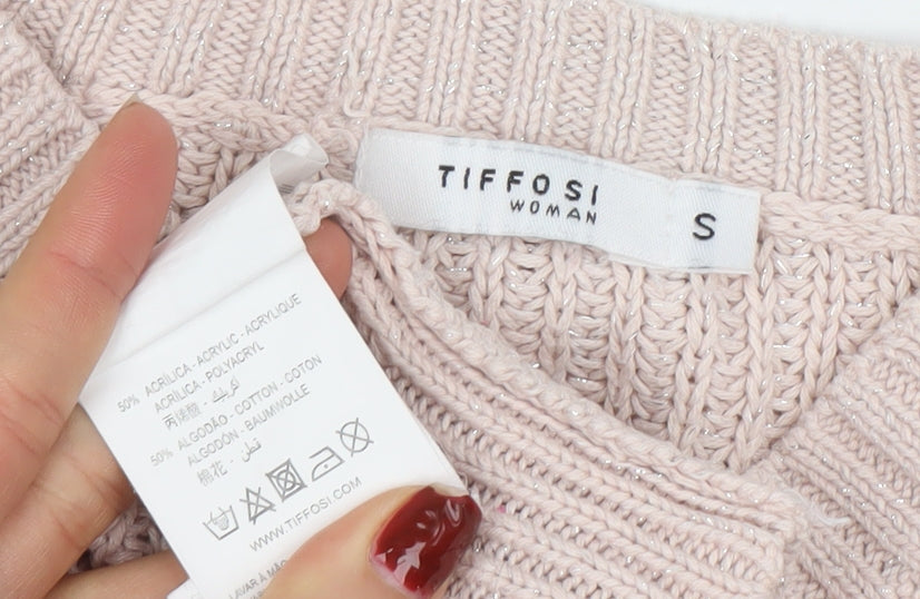 Tiffosi Women Pink V-Neck Chunky Knit Acrylic Cotton Jumper Size S