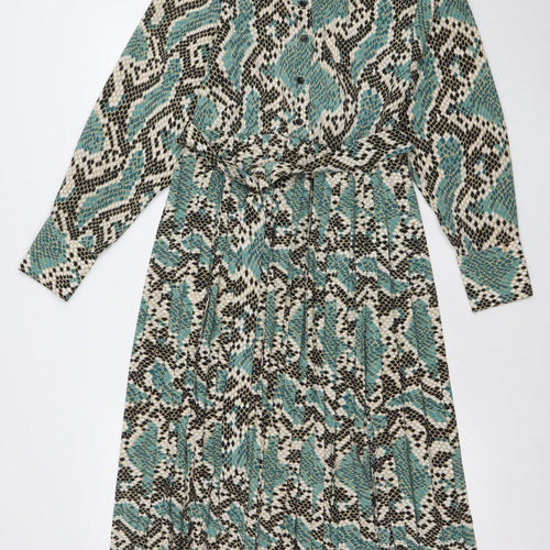Topshop Women Green Snake Print Midi Shirt Dress Size 8