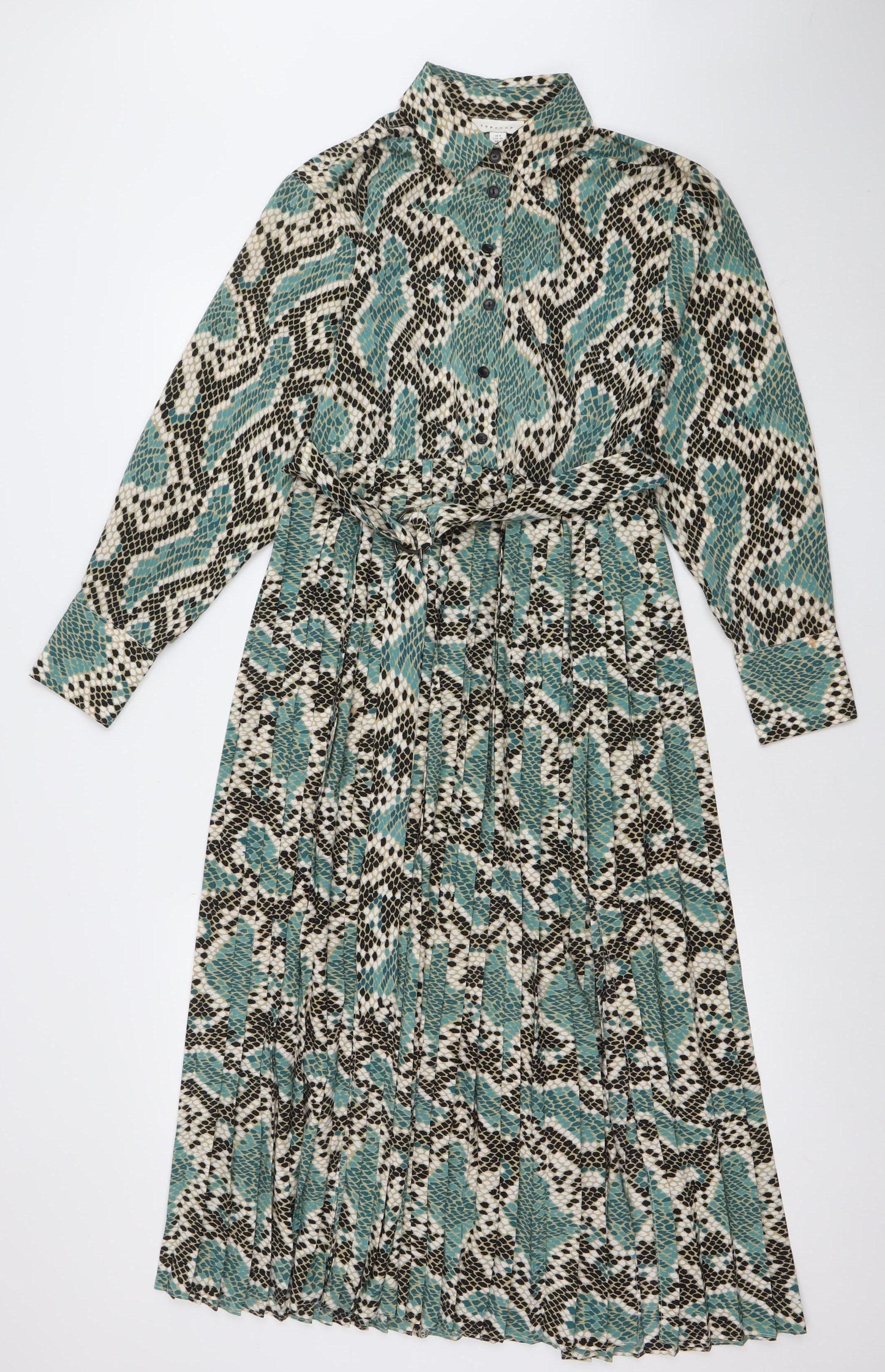 Topshop Women Green Snake Print Midi Shirt Dress Size 8