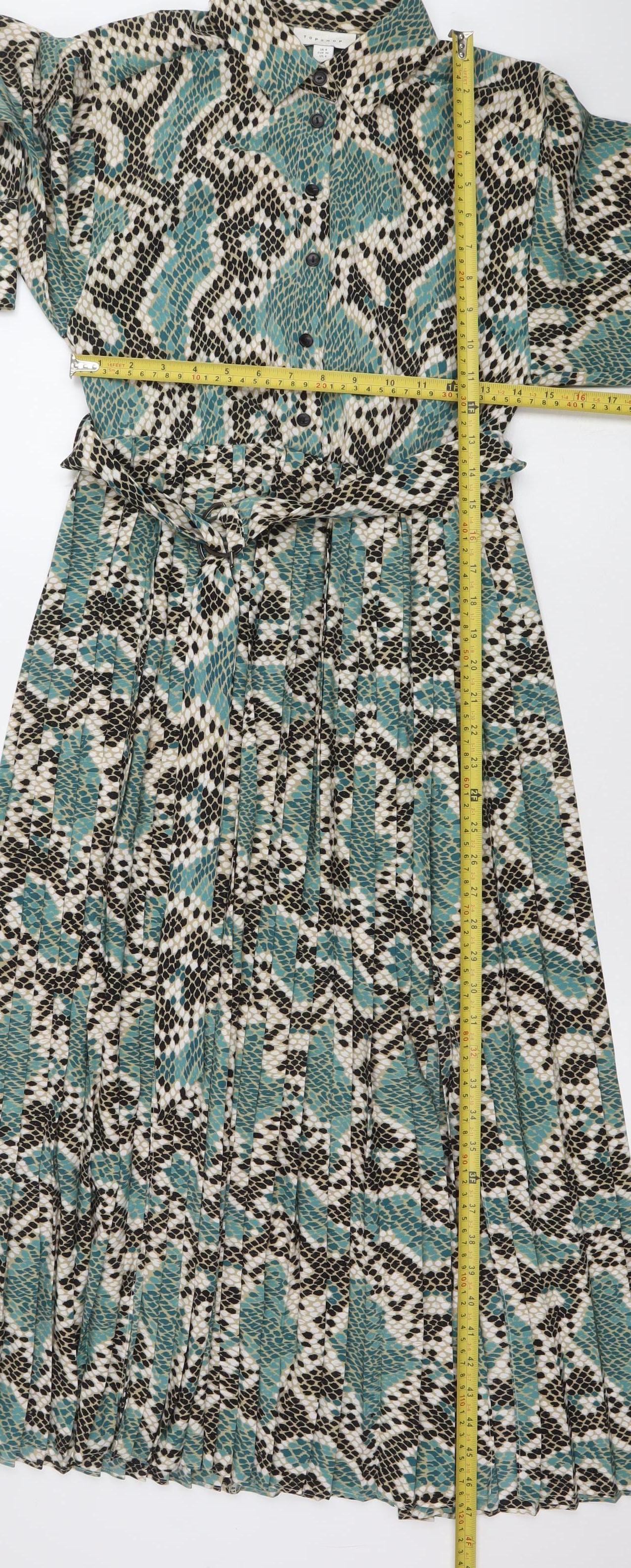 Topshop Women Green Snake Print Midi Shirt Dress Size 8