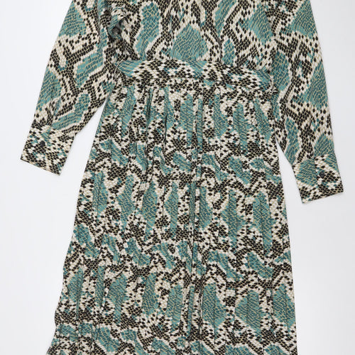 Topshop Women Green Snake Print Midi Shirt Dress Size 8