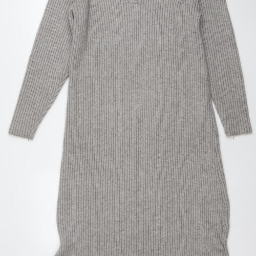 Nasty Gal Women Grey Ribbed Knit Long Sleeve Midi Sweater Dress UK 4