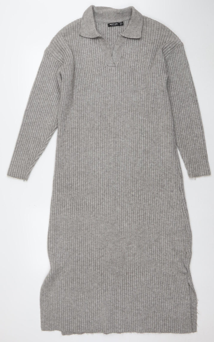 Nasty Gal Women Grey Ribbed Knit Long Sleeve Midi Sweater Dress UK 4