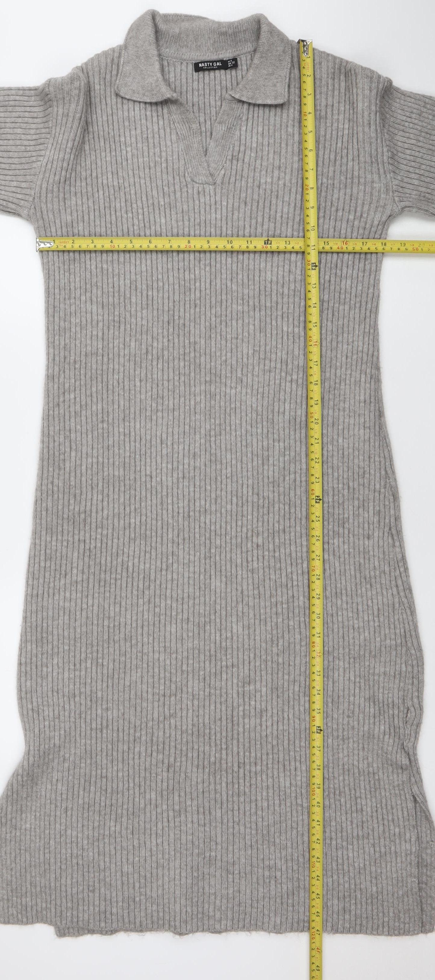 Nasty Gal Women Grey Ribbed Knit Long Sleeve Midi Sweater Dress UK 4