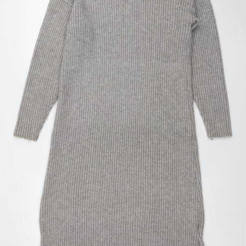 Nasty Gal Women Grey Ribbed Knit Long Sleeve Midi Sweater Dress UK 4