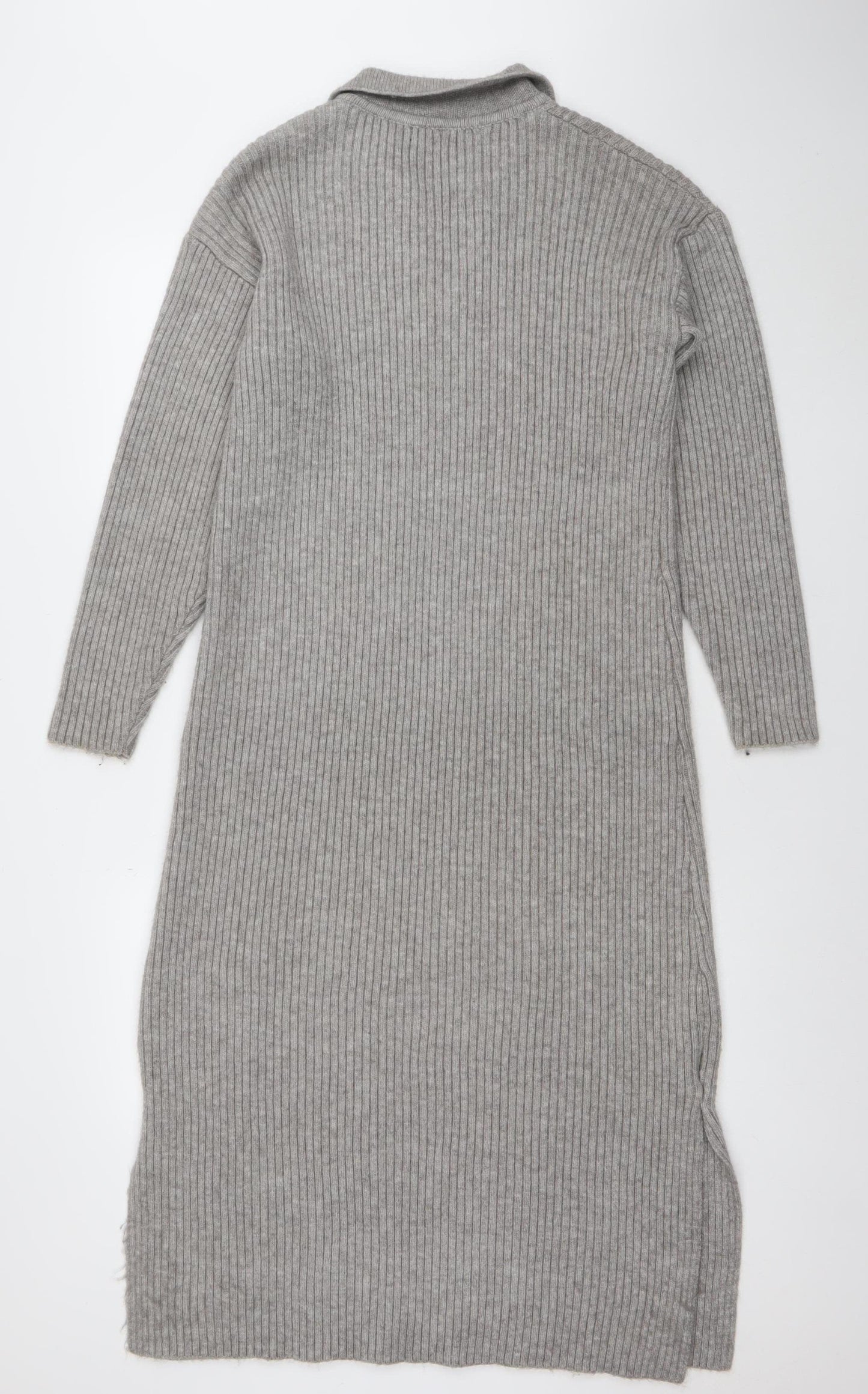 Nasty Gal Women Grey Ribbed Knit Long Sleeve Midi Sweater Dress UK 4