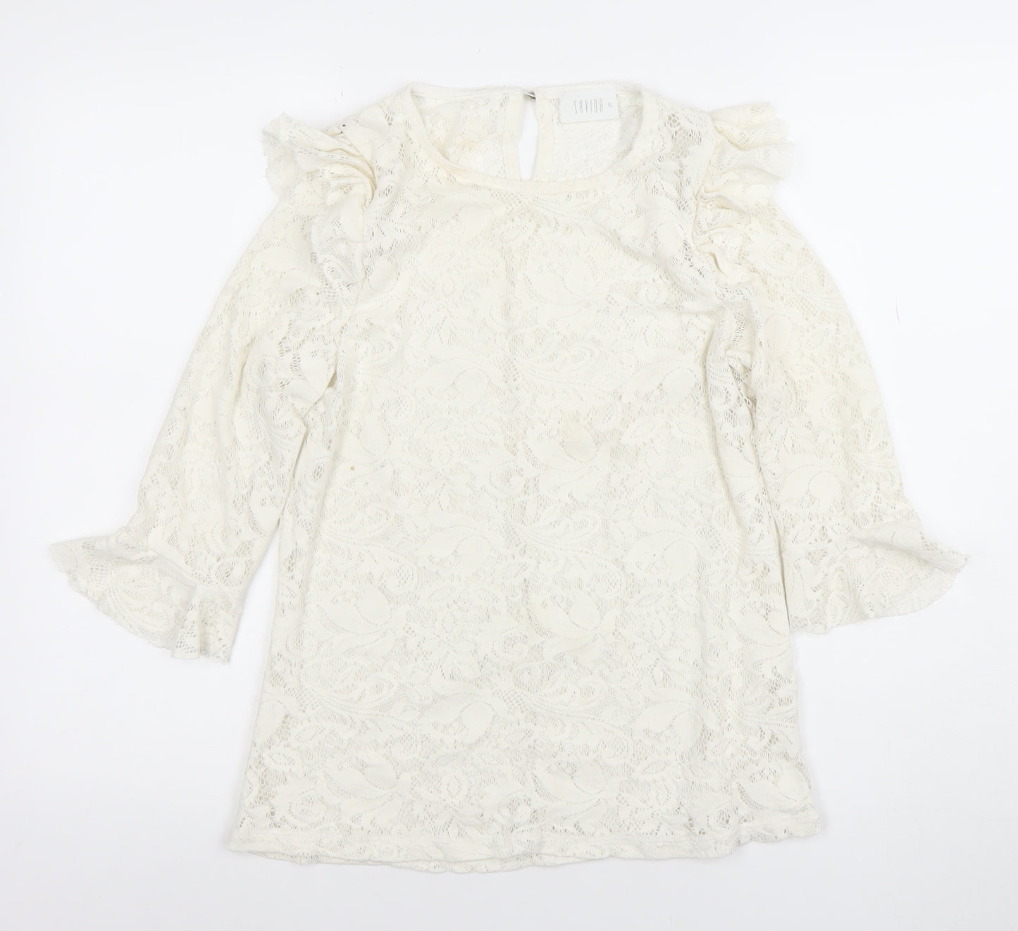 Savior Women's Ivory Lace Ruffle Long Sleeve Tunic Blouse XL