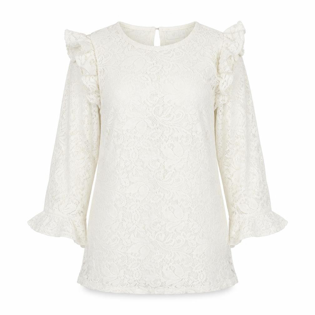 Front view of Savior Women's Ivory Lace Ruffle Long Sleeve Tunic Blouse XL