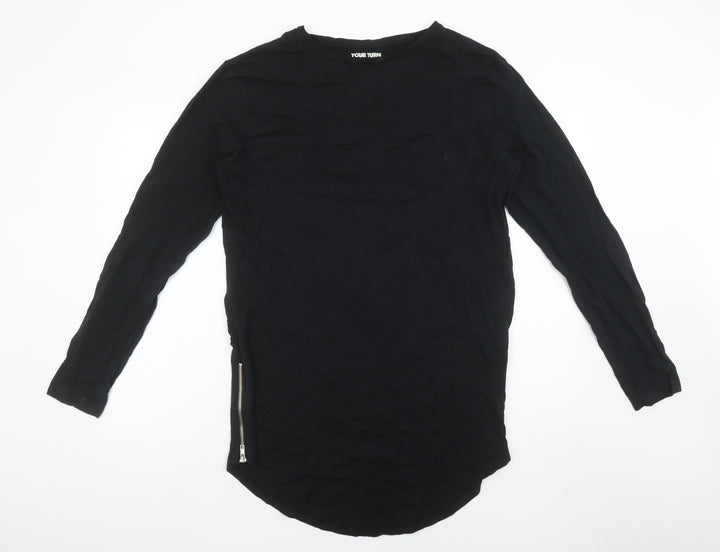 Your Turn Women's Black Long Sleeve Zip Detail Cotton T-Shirt M