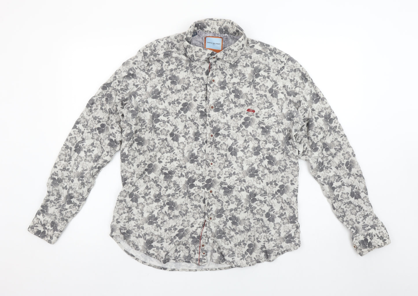 Dario Beltran Men's Grey Floral Slim Fit Long Sleeve Button-Up Shirt XL