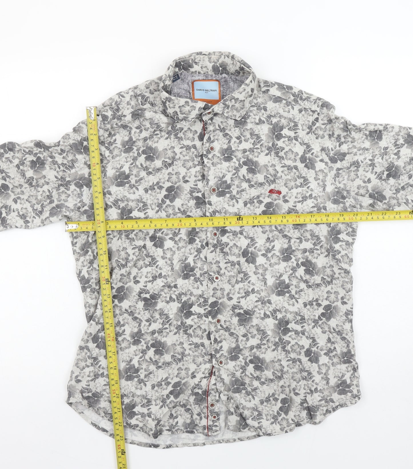 Dario Beltran Men's Grey Floral Slim Fit Long Sleeve Button-Up Shirt XL
