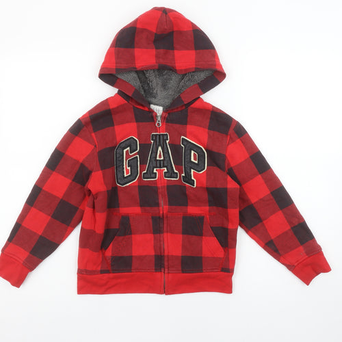GAP Kids Boys Red Black Plaid Full Zip Hoodie Size 6-7 Years Fleece Lined