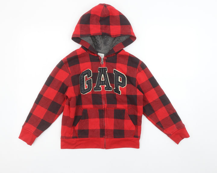 GAP Kids Boys Red Black Plaid Full Zip Hoodie Size 6-7 Years Fleece Lined