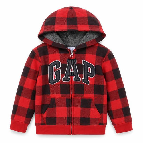 GAP Kids Boys Red Black Plaid Full Zip Hoodie Size 6-7 Years Fleece Lined