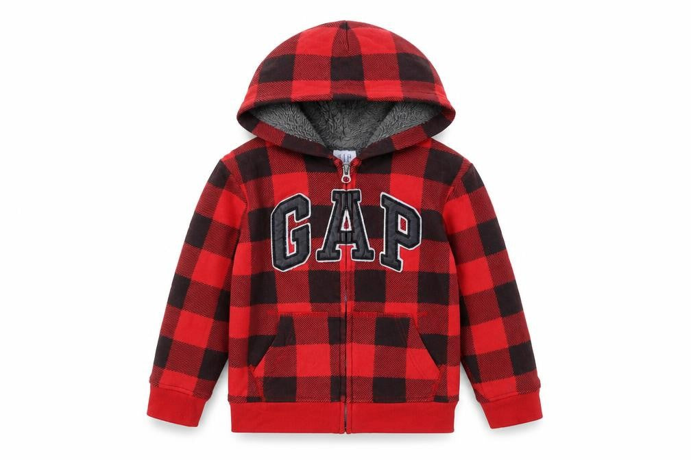 GAP Kids Boys Red Black Plaid Full Zip Hoodie Size 6-7 Years Fleece Lined