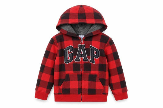 Front view of Gap Kids boys’ red black plaid full zip hoodie, size 6-7, years fleece lined