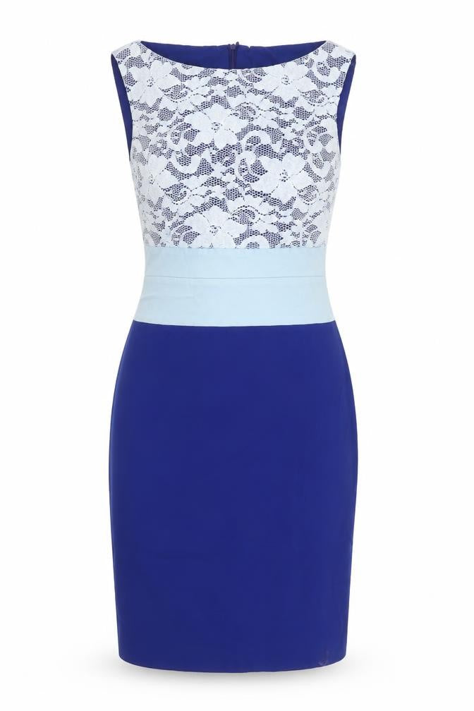 Front view of Vesper Women's Blue Lace Panel Bodycon Dress, size 12