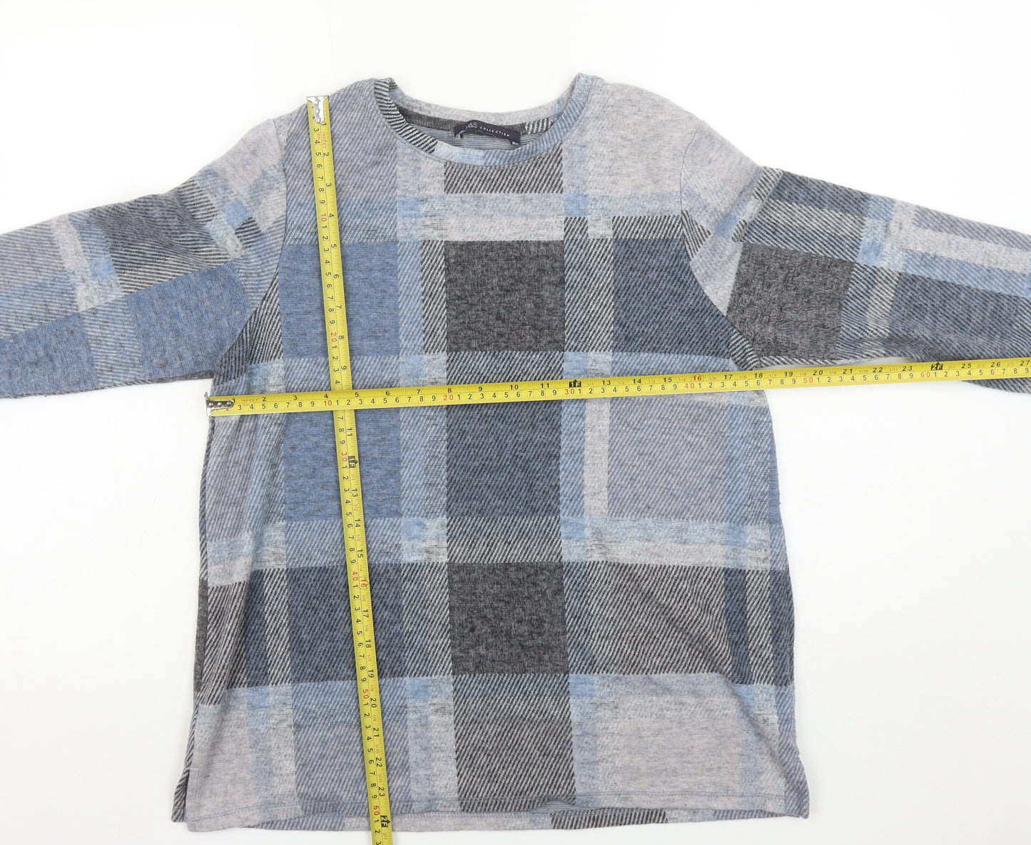 Marks and Spencer Womens Blue Check Long Sleeve Jersey Top UK 16