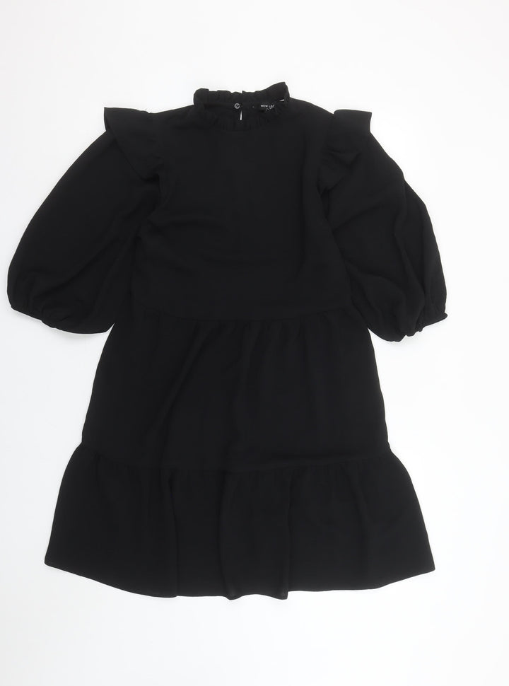 New Look Women Black Size 10 Fit & Flare Puff Sleeve Short Dress