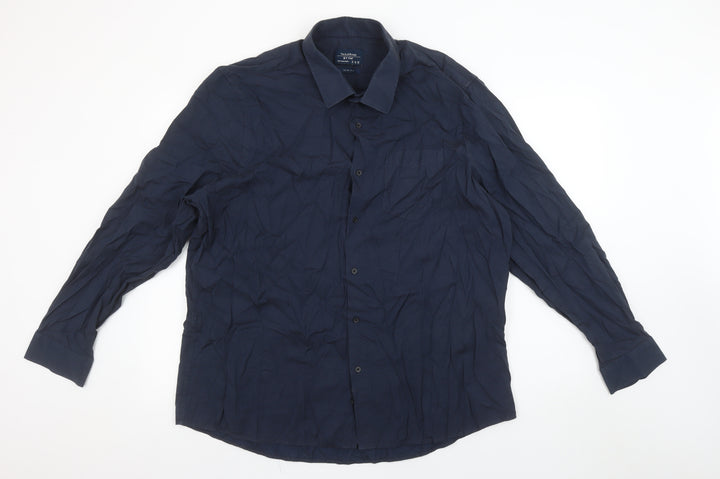 F&F Mens Blue Slim Fit Long Sleeve Button-Up Shirt Size 18