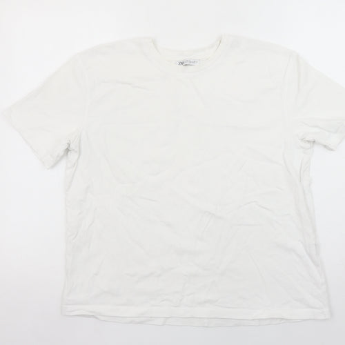 Zara Women White Cotton Crew Neck Basic Short Sleeve T-Shirt Size 12