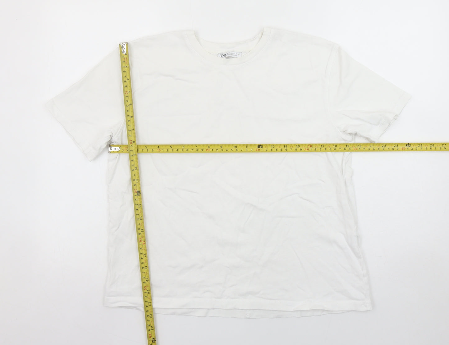 Zara Women White Cotton Crew Neck Basic Short Sleeve T-Shirt Size 12