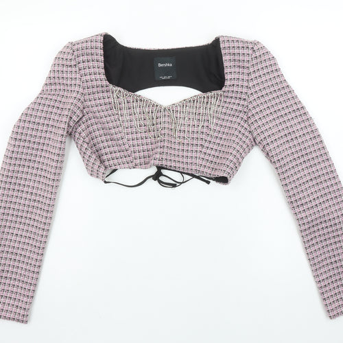 Bershka Womens Pink Check Cropped Beaded Blouse Size 8