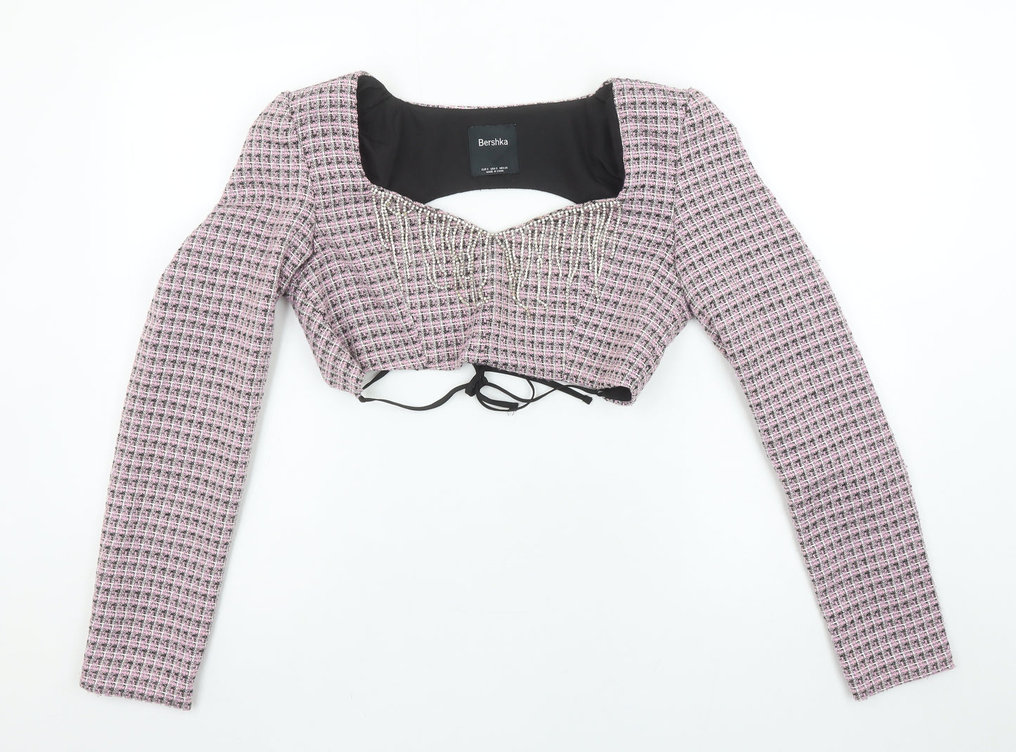 Bershka Womens Pink Check Cropped Beaded Blouse Size 8