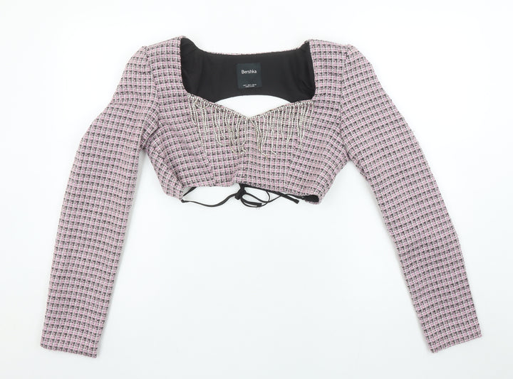 Bershka Womens Pink Check Cropped Beaded Blouse Size 8